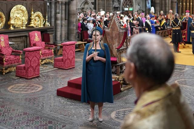 Penny Mordaunt holds the Swords of State at the coronation ceremony of King Charles III and Queen Camilla in Westminster Abbey, London. Picture: Jonathan Brady/PA Wire