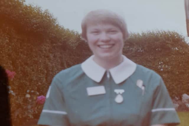 Beginning her 43 years with the NHS, Gill Speight, aged 17, as she started work at Manchester Royal Eye Hospital.