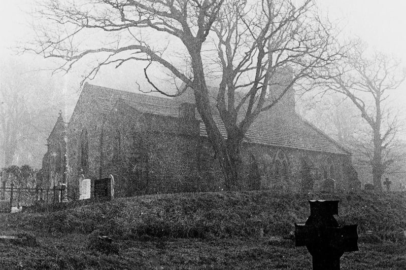 A misty shot of St Peter's Church in Heysham village.