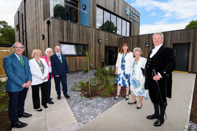 Pictured from left, donor Nick Scholes, chair of the trustees Chris Heginbotham, donor Barbara Scholes, vice chair of the board Mark Cullinan, chief executive Sue McGraw, patron Pam Barker and the High Sheriff of Lancashire Martin Ainscough at the official opening of the new Forget Me Not Centre at St John's Hospice, Lancaster.  Photo: Kelvin Stuttard