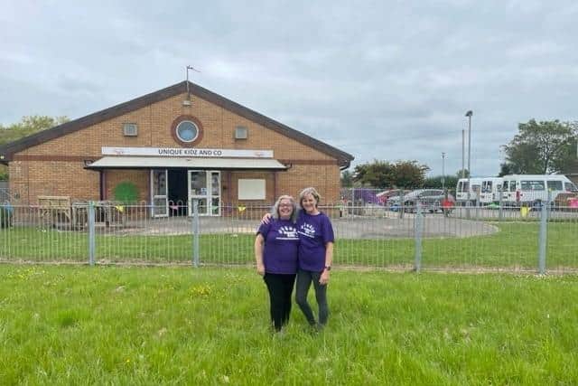 Jane Halpin and Denise Armer who founded Unique Kidz and Co outside their current premises on Woodhill Lane in Morecambe.