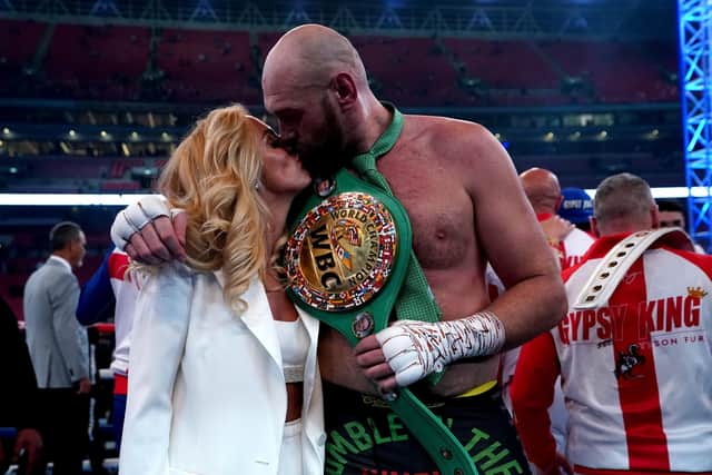 Tyson Fury with his wife Paris following victory over Dillian Whyte at Wembley