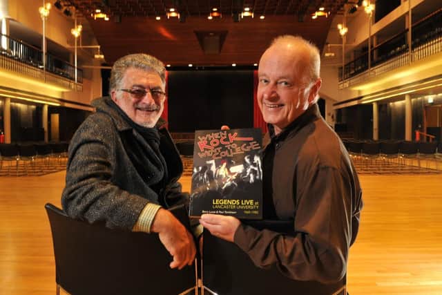 Barry Lucas and Paul Tomlinson, co-authors of new book 'When Rock Went to College' at the Great Hall, Lancaster University where so many huge rock stars performed in the 1970s and early 80s. 