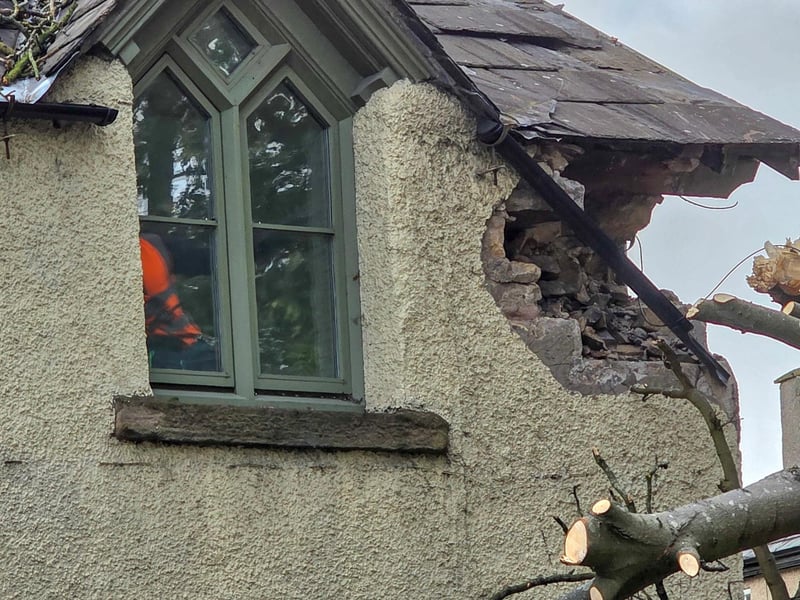 Damage to a house in Lancaster from a tree which fell onto the property during Storm Boelo. Photo: Josh Brandwood.