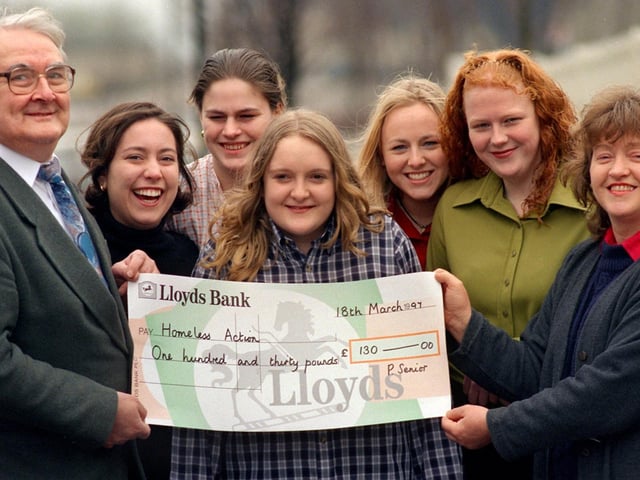 Staff and students from Lancaster and Morecambe College hand over a cheque for £130 to Margaret Douglas (extreme right) of Lancaster and District Homeless Action Service. The money was raised at a concert held in the Farmers Arms, Lancaster.