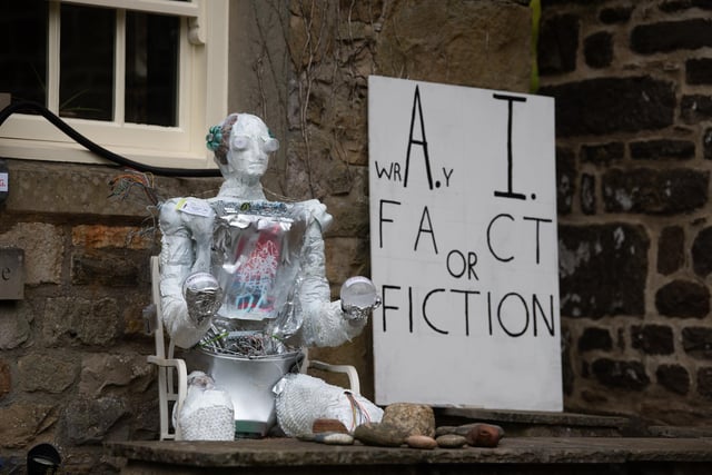 A futuristic robot scarecrow at Wray Scarecrow Festival 2024 with a sci-fi theme.