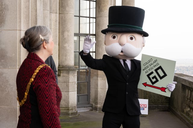 The Mayor of Lancaster Coun Joyce Pritchard with Mr Monopoly at the launch event of Lancaster's version of Monopoly.