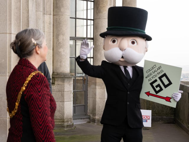 The Mayor of Lancaster Coun Joyce Pritchard with Mr Monopoly at the launch event of Lancaster's version of Monopoly.