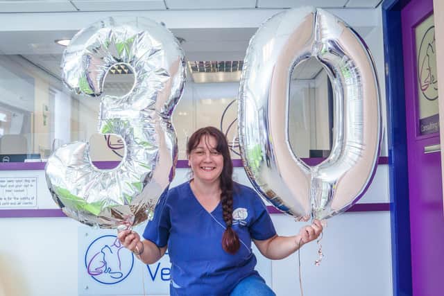 Samantha Kenny, head nurse at Lancaster Vets, celebrating her 30-year milestone since qualifying as a veterinary nurse.
