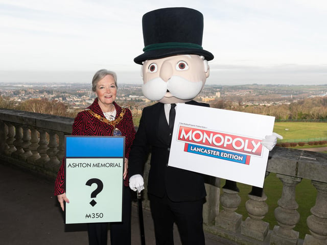 The Mayor of Lancaster Coun Joyce Pritchard with Mr Monopoly at the launch event.