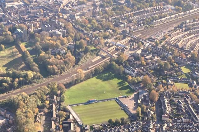Lancaster City FC's Giant Axe ground is on show next to the railway station in this view across Lancaster.