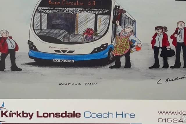 Jeff and  fellow drivers captured by an artist on the rear of a coach. Picture: Ken Bennett.