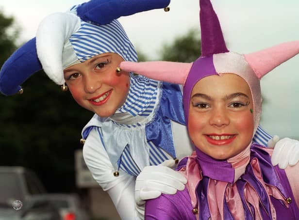 Harriet Bingham and Laura Darkins dressed as jesters for Lytham Club Day