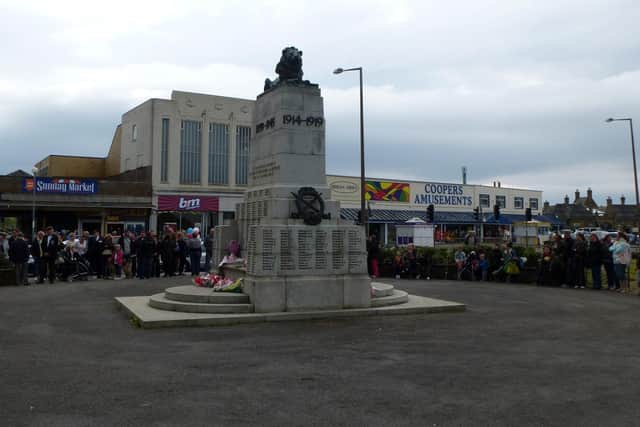 Morecambe's War Memorial has been desecrated by a vandal who has scrawled racist and homophobic graffiti on it. Picture: Ingrid Kent.