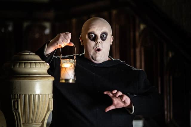 James Shields in costume as Uncle Fester complete with bald cap which he found too uncomfortable. Instead he will be having his head shaved for charity in time for opening night.