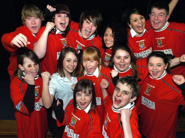 Pupils rehearse themselves into a frenzy in advance of their production, Morecambe Goes To Wembley, at The Grand Theatre, Lancaster.