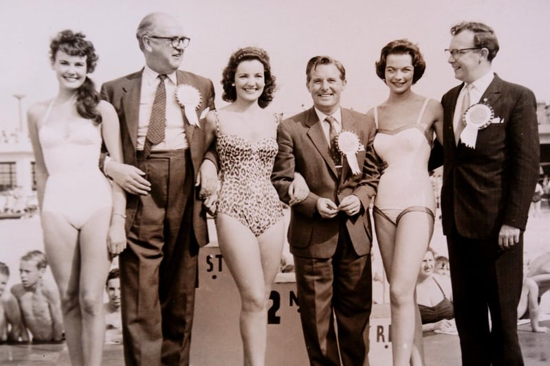 Hannah Hayton, centre in leopard print costume, in a heat of the Miss Great Britain contest at Morecambe. Among those also pictured are some of the judges on that day, Morecambe and Wise.