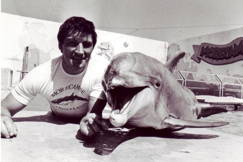 Do you remember Rocky the Dolphin? He is pictured here with his trainer at Marineland in Morecambe which was billed as Europe's first oceanarium. Rocky was the aquarium's last remaining dolphin who was eventually released into the Caribbean sea in September 1991. His fate remained unknown. Marineland closed in 1990 and was demolished in 1992.
