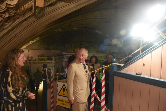 Charles went out onto the theatre’s balcony to see the location of the proposed Eden Project North, which is expected to open on Morecambe’s seafront in 2024, subject to funding.