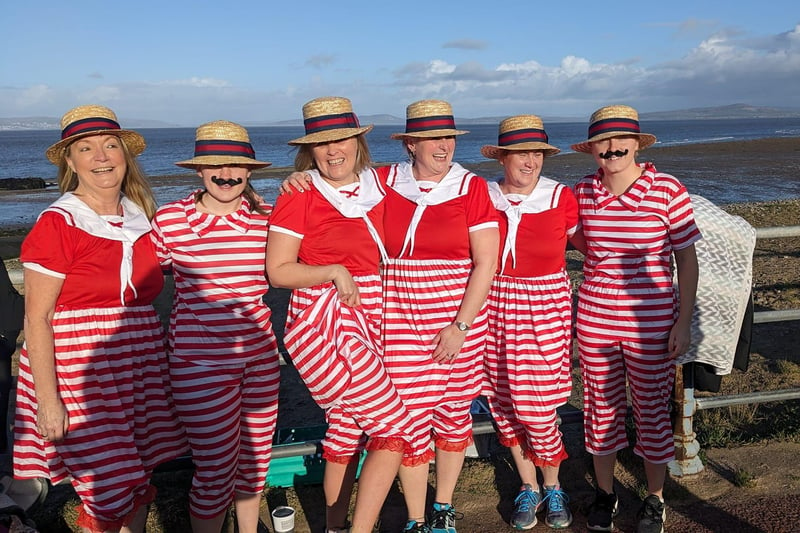 Old fashioned bathing costumes were worn by these ladies taking part in the New Year's Day Dip in Morecambe Bay for the hospice.