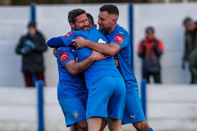 David Norris is congratulated after scoring against Whitby Town