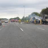 Fire crews working at the scene of the lorry fire on the M6 in Preston this morning (Friday, July 29)