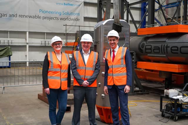 From left: Labour Candidate for Morecambe and Lunesdale Lizzi Collinge, managing director of Baltec, Russell Benson and Shadow Energy Secretary Ed Miliband on a visit to Morecambe.
