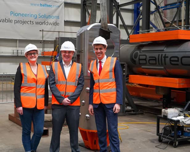 From left: Labour Candidate for Morecambe and Lunesdale Lizzi Collinge, managing director of Baltec, Russell Benson and Shadow Energy Secretary Ed Miliband on a visit to Morecambe.