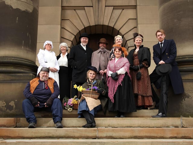 The Footlights cast in costume for Pygmalion which was coming to the Lancaster Grand Theatre.