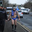 Speedo Mick duri9ng a previous walk from John O'Groats to Land's End, pictured near Preston.