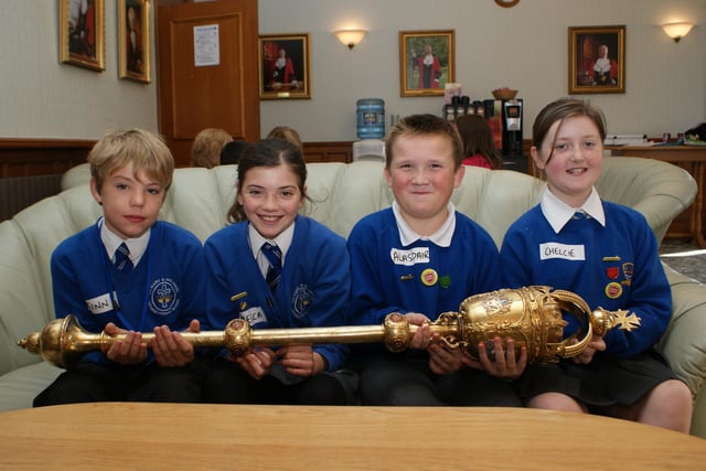 Alasdair Poole and Chelcie Bradford  of Flakefleet primary School (right of picture) with Finn Bolton and Rebecca Jones from St Mary & Michael  School, Garstang, pictured at Wyre Civic Centre