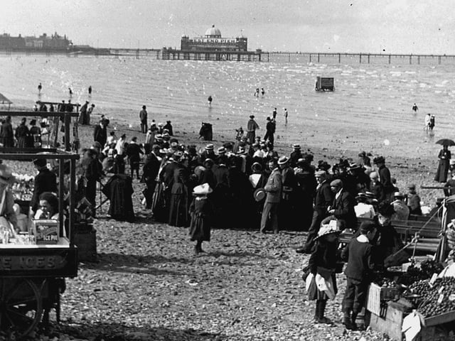 Morecambe sands with the West End Pier in the background in 1900. Local traders made the most of the crowds of visitors enjoying some of the town's growing attractions