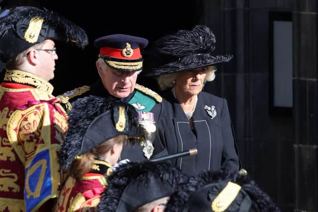 King Charles III and Camilla, Queen Consort, St Giles Cathedral as The Queen's funeral cortege makes its way into the cathedral on Monday in Edinburgh, Scotland. Photo by Chris Jackson/Getty Images