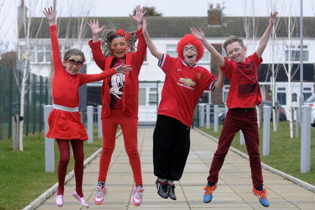 Red Nose Day 2015 at Charles Saer Primary School in Fleetwood. Pictured: Emily Smith, Phoebe Owen, Joshua Davidson and Kai Ewan jump for joy