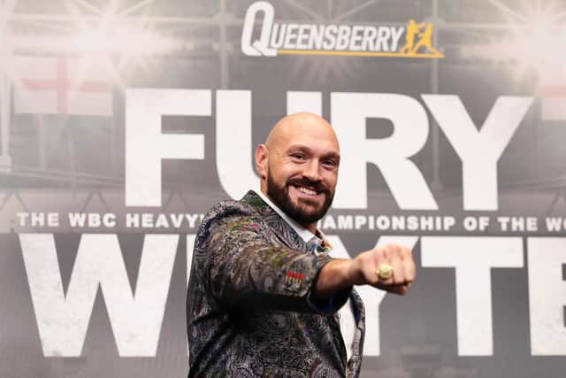 LONDON, ENGLAND - MARCH 01: Tyson Fury poses for a portrait during the Tyson Fury v Dilian Whyte press conference at Wembley Stadium on March 01, 2022 in London, England. (Photo by James Chance/Getty Images)