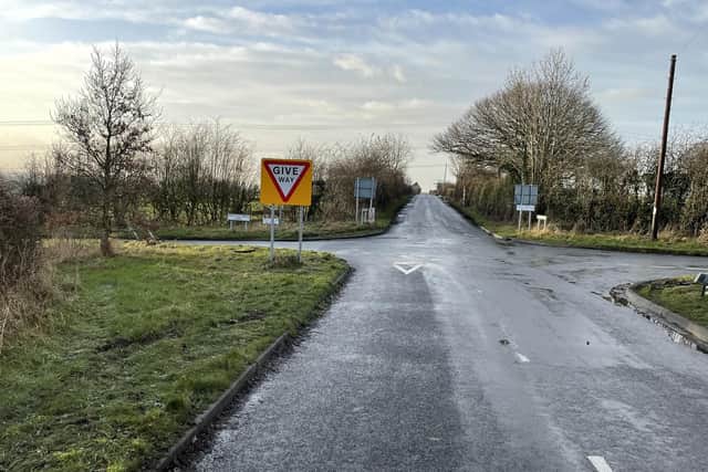 The approach to the junction and its current 'Give Way' signs. Photo by Nigel Hodgson
