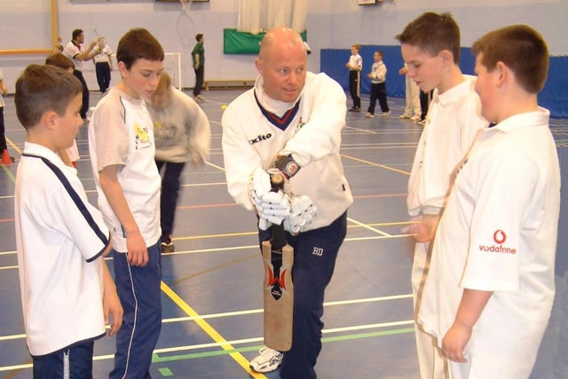 Bobby Denning from Lancashire County Cricket Club gives James Gregson, Tom Fail, Joe Hibberton, and Ben Breakell, a cricketing lesson. The event was organised by Fleetwood Community Sports group who provide half-term coaching for kids