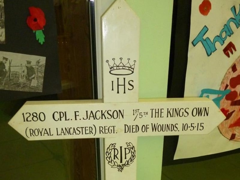 Cpl Jacksons original war grave cross- August 2014-Frank’s Cross seems to have been one of 200 hand painted by Corporal Robert Bell of the 1/5 th (a pre-war painter and decorator) The cross was made by the Battalion Pioneers. Photo: Shaun Corkerry