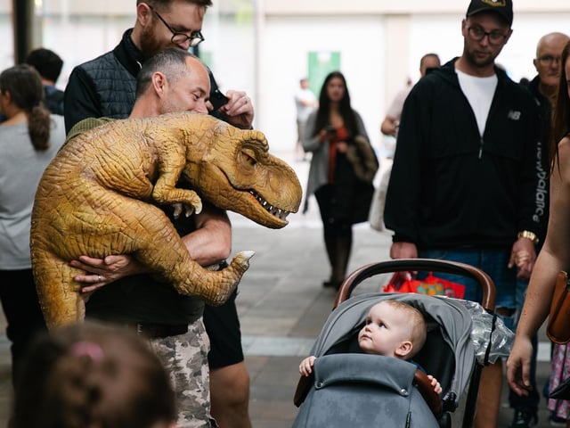 A baby peers up at a mini dinosaur at Dino Fest in Lancaster. Picture by Ginny Koppenhol.