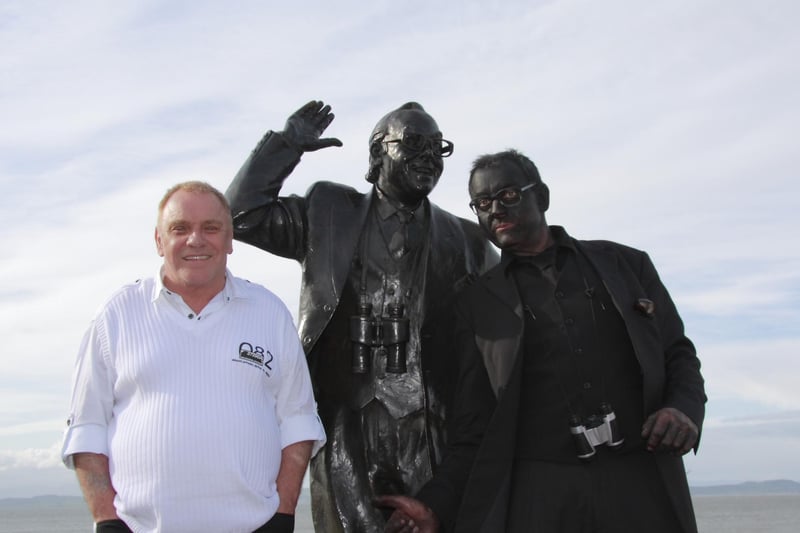 Two comedy legends - or is it three? Comedian Freddie Starr is joined by the living 'Eric statue' Paul Frith at The Visitor's Morecambe Day photoshoot.