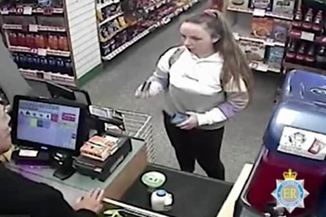 Screen grab taken from CCTV issued by Cumbria Police showing Eleanor Williams shopping in a Spar, at a time she claimed she was being trafficked (Credit: Cumbria Police)