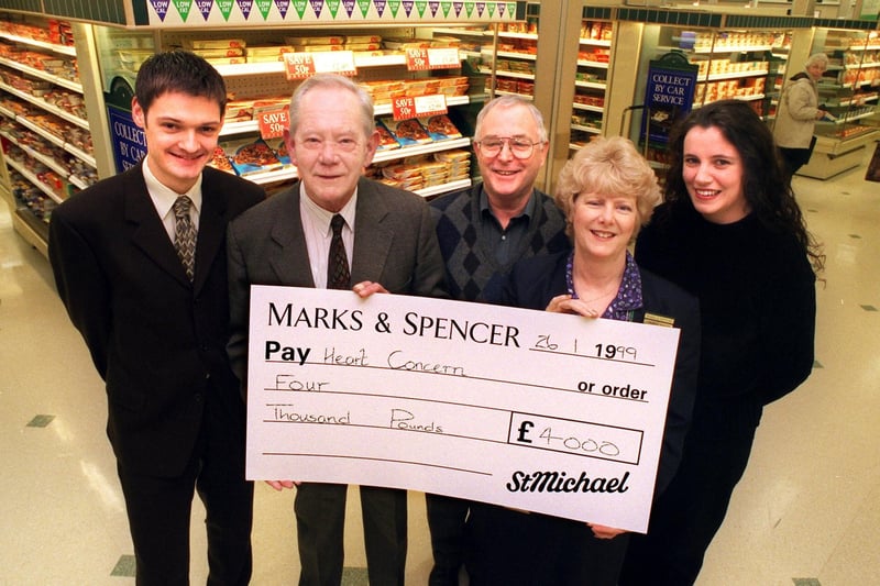 From left: Marks and Spencer store manager Neil Adams presenting a cheque for £4,000 to treasurer of Heart Concern, Jim Suttan, with chairman of Heart Concern, Keith Shaw, Marks and Spencer sales assistant Nancy Haig and Sister Lisa Thompson from Coronary Care at the Royal Lancaster Infirmary.