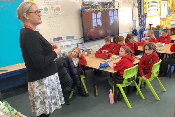 County Coun Lizzi Collinge speaks to youngsters at Nether Kellet Primary School.