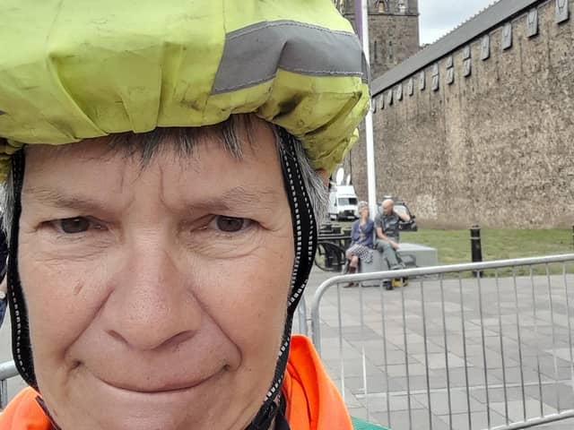 Gillian Sheath outside Cardiff Castle.