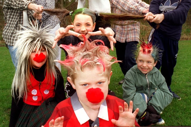 Pupils at Great Wood School, Morecambe, raised money for Comic Relief and the Blue Peter Appeal in 1997 by having their 'bad hair day'.