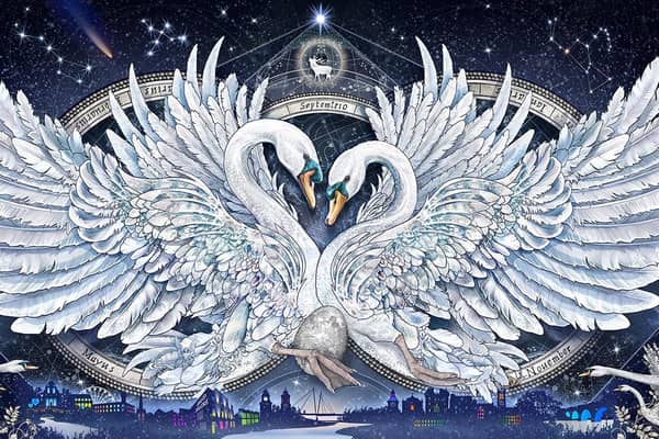 Lunar Swans artwork by Sandy Gardner which is the new logo for Lancaster Grand Theatre.