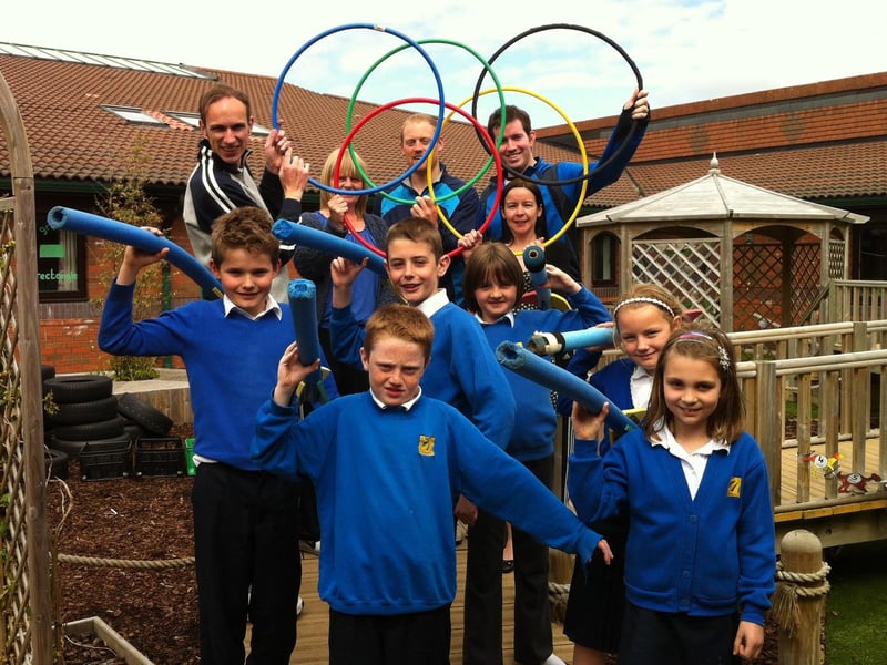 Teachers and children at Westgate Primary School, Morecambe, get lined up for the school's Olympic themed summer fair.