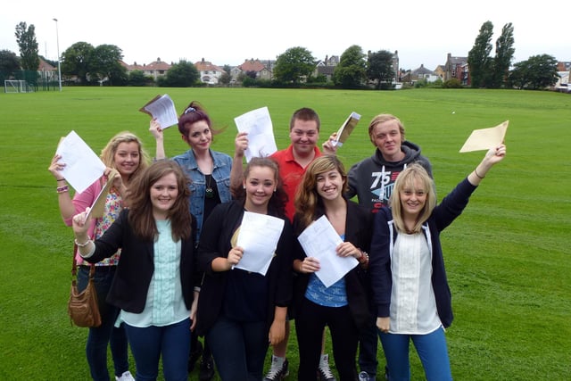 Morecambe High School students Jess Meritt, 18, Becky Scholes, 18, Scott Pritchard, 19, Janes Hayes, 18, Jess Thistlethwaite, 18, Carole-Ann Andrews, 18, Kayleight Rogerson, 19 and Becki Thistlethwaite, 18, with their A-level results.