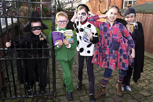 Book Week at Ansdell CP School in 2001 featuring Adam Oberman (Dick Turpin), William Stones (Mr. Majelka), Joanne Sharples (Lucky the Dalmation), Anna Cooper (Pippi Longstocking) and Hannah Quarmby (Dream Master)