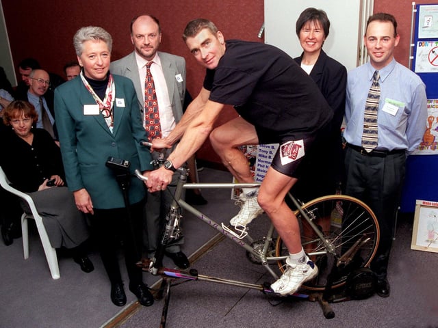 At the launch of a Safety First Event at Heysham Power Stations are British International cyclist Sean Yates, with from left, safety support officer Anita Russell, operations manager Norman Harrison, road safety advisor from Lancashire County Council, Dorothy Crane and technical and safety manager, Mark Treasure.